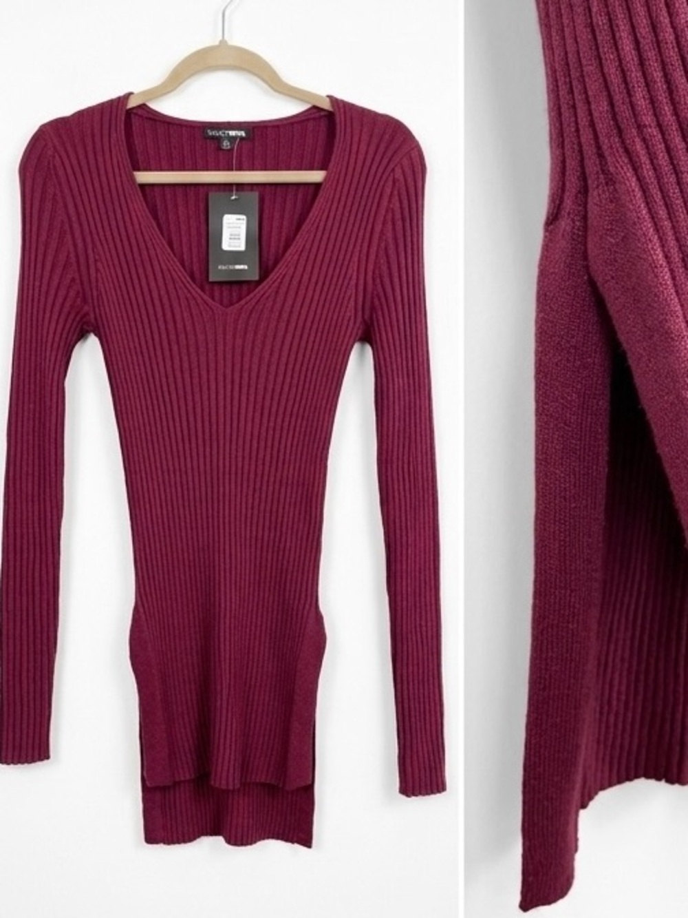 Fashion Nova Ribbed V-Neck Shirt - Berry